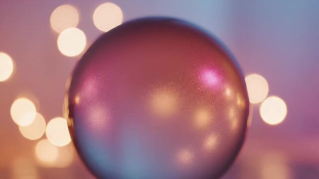 Softly glowing glass sphere resting on a reflective surface with bokeh lights