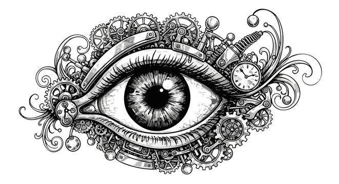 Steampunk mechanical eye vector illustration, vintage clockwork eyeball with gears and cogs, industrial surrealism line art for tattoos and posters