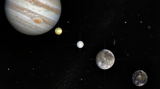 Galilean moons of Jupiter in orbital configuration, Io's sulfur-yellow, Europa's icy white, Ganymede's grey cratered bulk, and Callisto's dark ancient surface visible as distinct worlds around