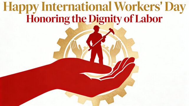 International Labor Day poster featuring worker silhouettes and gear elements, paying tribute to labor dedication and celebrating the value created by labor
