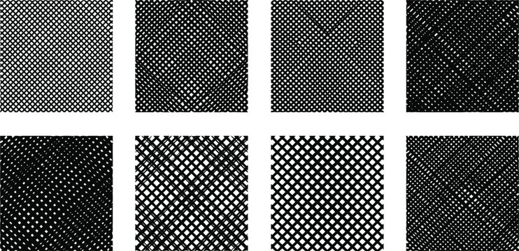 Eight black and white abstract grid and mesh pattern backgrounds with varying density and angles vector