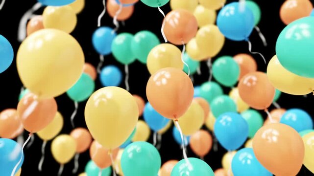 Numerous vibrant pastel balloons (orange, peach, teal, green, yellow, blue) with white ribbons ascend gracefully in a soft, blurred indoor setting, concept of joy and optimism