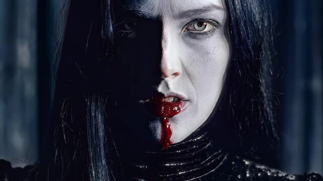 Gothic Vampire Woman with Fresh Blood Drip From Mouth