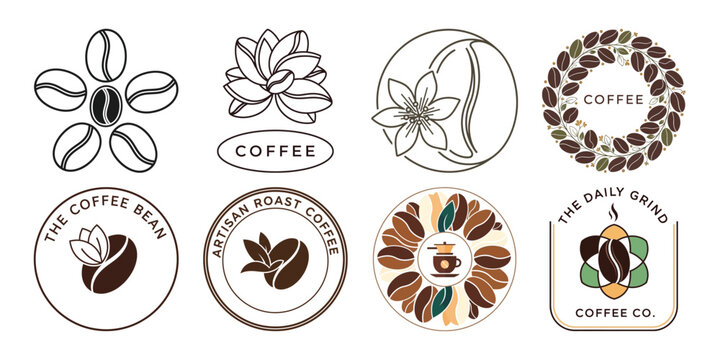 Collection of coffee themed logos and icons