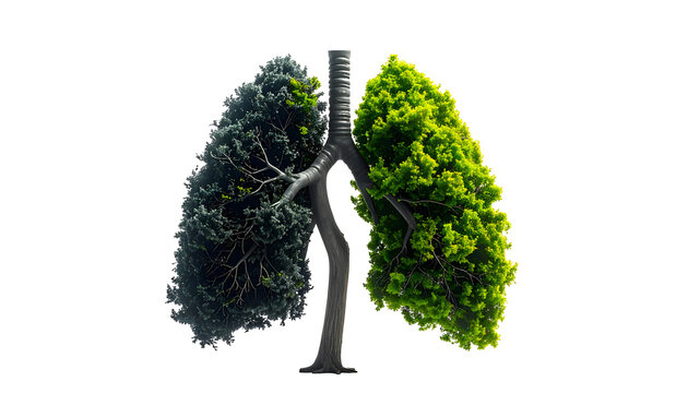 Symbolic image of lungs, one side healthy and green, the other side darkened