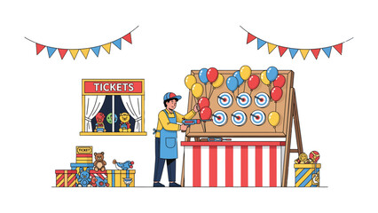 Obraz premium Carnival Game Booth: A vibrant illustration captures the essence of a lively carnival, with a game booth offering tickets and tempting prizes, as a participant aims at targets.