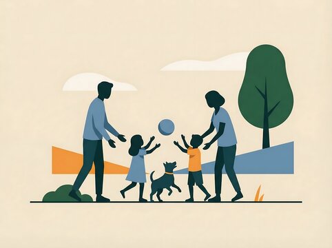 Vibrant illustration of a happy family playing with a ball and their dog in a sunny park, celebrating outdoor fun, togetherness, and childhood joy