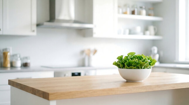 Wooden kitchen island countertop with salad bowl for product mockup in bright interior