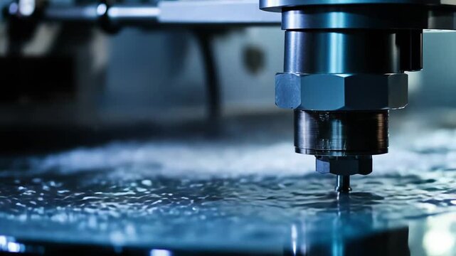 Industrial cnc milling machine cutting a metal workpiece with precision as coolant splashes, close up of automated machining in a modern manufacturing workshop, high tech engineering