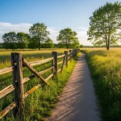 Fototapeta premium Scenic countryside path with wooden fence and lush greenery under a bright sky.