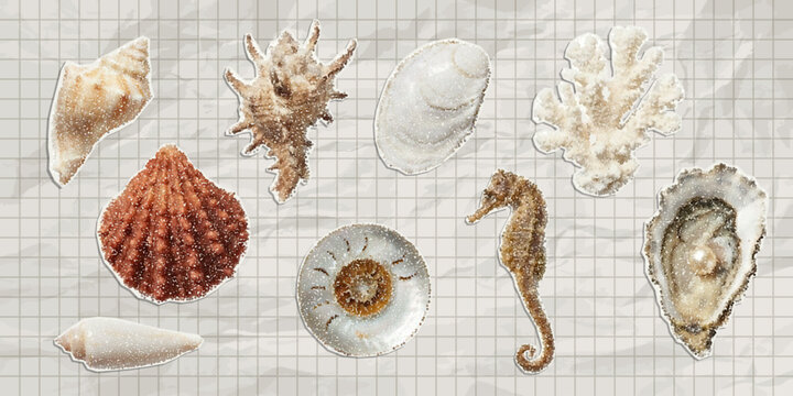 Trendy paper cutout collage marine elements with stipple effect. Clippings seashell.  Halftone style stickers for modern collage template.