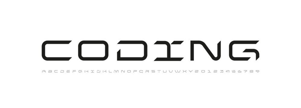 Technical font, digital wide cyber alphabet, letters from A to Z and numbers from 0 to 9 for you logo designs, vector illustration 10EPS