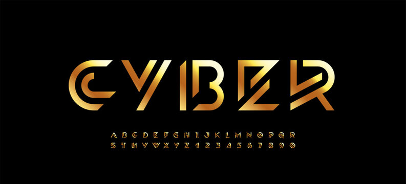Logo font alphabet from segment gold lines, technology golden letters A, B, C, D, E, F, G, H, I, J, K, L, M, N, O, P, Q, R, S, T, U, V, W, X, Y, Z and numerals 0, 1, 2, 3, 4, 5, 6, 7, 8, 9, and number