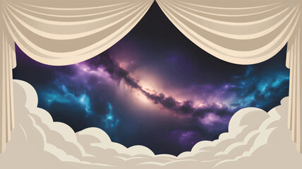 Beige curtains frame a vibrant nebula in a deep space galaxy, stars, cosmos © srdesignhouse