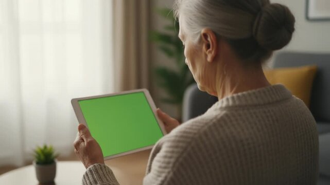 Senior Woman Holding Tablet With Green Screen. Over shoulder view of elderly lady sitting in living room using digital device with chroma key display for copy space.