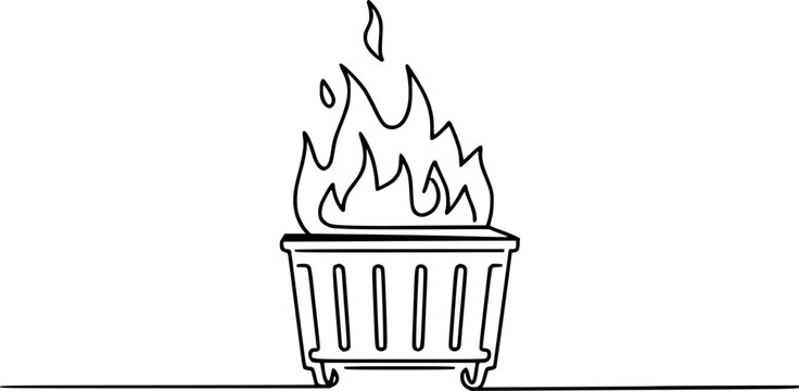 Single line of a dumpster fire with flames and smoke isolated a white background