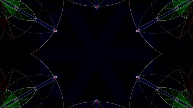 Abstract kaleidoscope pattern with bright symmetrical shapes creating a futuristic artistic composition and captivating visual.