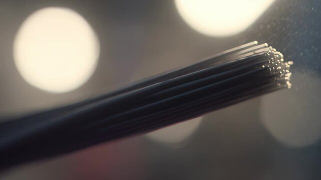 Fiber optic bundle of glowing strands transmitting light signals, symbolizing high speed data, digital connectivity and global communication with soft bokeh highlights