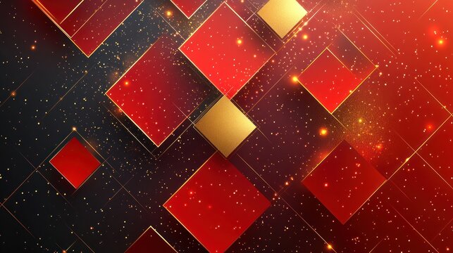 Bright red squares dance with shimmering gold accents in a striking dark backdrop
