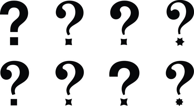 Set of Eight Black Question Mark Icons with Varied Dot Designs Keywords: question mark, punctuation, symbol, icon, query, uncertainty, confusion, mystery, inquiry, information, help, support