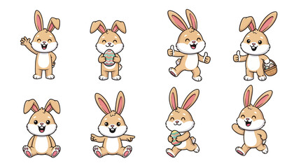 Obraz premium A set of eight cute kawaii Easter bunny mascot characters in various poses, including waving, holding eggs, and carrying baskets, against a clean white background