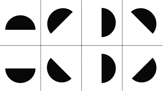 Eight Black Semicircles In Various Orientations Within Square Frames On A White Background geometric