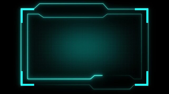 Futuristic neon cyan hud frame on dark grid background, sci-fi interface panel with glowing borders and copy space for text, technology overlay template.