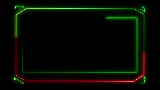 Abstract neon tech frame border on black background with glowing green and red lines, futuristic HUD style, empty copy space for text or banner.