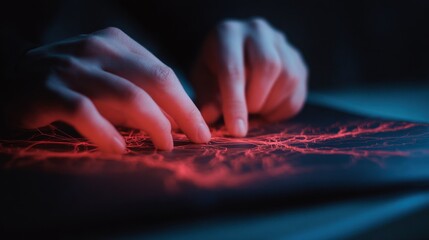 Naklejka premium A pair of hands delicately interacts with a glowing abstract design resembling neural pathways