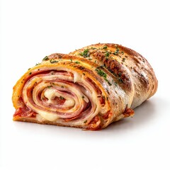 Fototapeta premium Delicious Italian-American Stromboli cross-section with layers of savory ham, spicy pepperoni, and melted mozzarella cheese, baked to a golden crust, on a pristine white background.