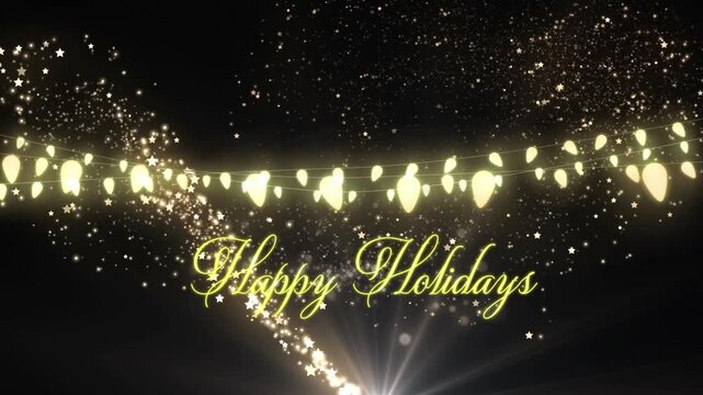 Animation of happy holidays text over light spots