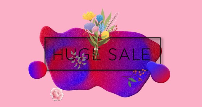 Animation of huge sale text in black frame over glowing blob and floral pattern on pink background