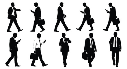 Fototapeta premium Collection of Silhouettes of Businessmen Walking and Using Smartphones, Representing Modern Professional Life