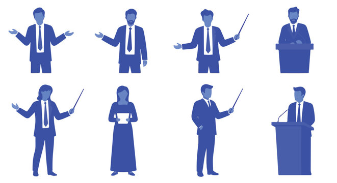 Collection of Business People Presenting and Lecturing with Gestures, Pointer Stick, and Podium