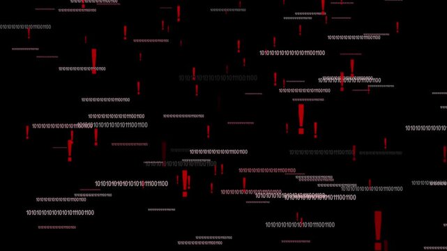 Abstract cyber background with falling binary code and red exclamation marks on black, evoking hacking, malware alerts, and data breach warnings; futuristic digital glitch style.