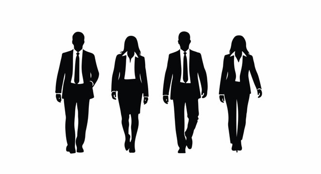 Professional business people silhouettes walking forward, representing corporate teamwork, leadership, and success in a modern, minimalist style.