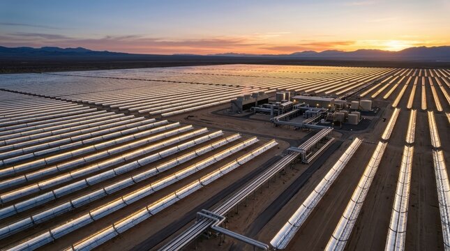 Concept visualization of a desert solar thermal power plant at dawn, vast field of parabolic mirror troughs aligned in precise parallel rows stretching to the horizon, mirrors beginning to track the