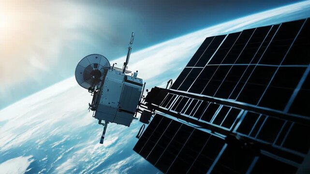 Satellite with deployed solar panels orbiting above earth's atmosphere, reflecting sunlight while providing worldwide connectivity, scientific observation, and exploration capabilities