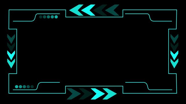 Futuristic neon hud frame border on black background with cyan glowing lines and chevron arrows, sci-fi interface panel template for gaming stream overlay or tech presentation.