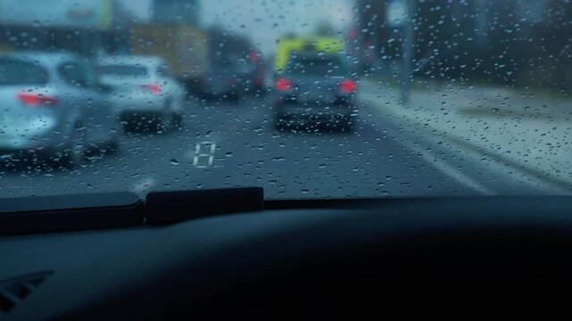 electronic digital car speedometer on windshield. kilometers per hour, technology, instrument, windshield in the rain, travel and trip, mysterious city, close-up. business trip