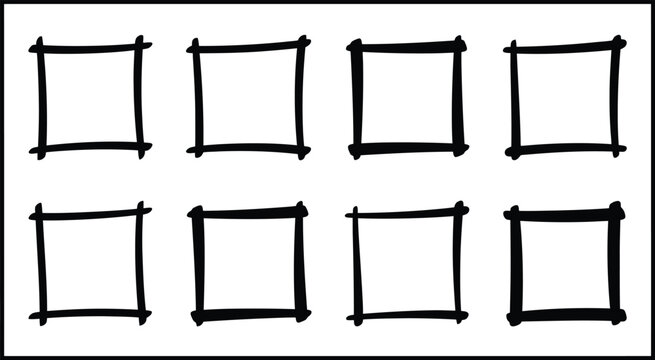 Eight empty hand drawn black square frames arranged in two rows on a white background sketch