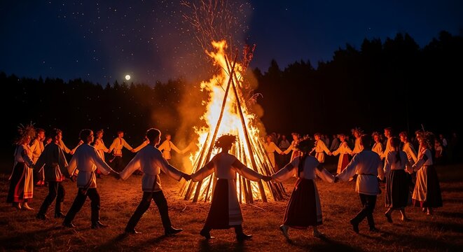 People dancing around a bonfire at night, celebrating.