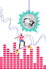 Vertical photo collage of happy american guy dance disco ball occasion dance penny board relax fun...