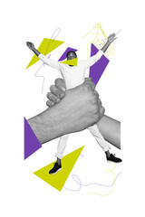 Vertical photo collage of astonished american guy hold hands control manipulation racism bulliyng...