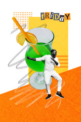 Vertical photo collage of happy excited american guy dance huge cocktail glass gin alcohol party...