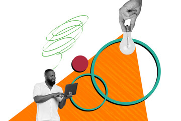 Obraz premium Composite photo collage of happy american man type laptop hand hold light bulb idea finding business plan isolated on painted background