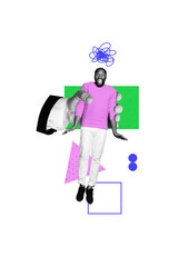 Composite collage picture image of hand hold confused man toy marionette puppet brainwash...