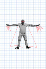 Composite collage image of funny young man superman costume flying imagination excited fantasy...