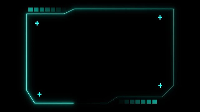 Futuristic neon cyan hud frame overlay on black background with glowing corners, plus icons and small squares, empty space for text or video content, sci-fi user interface border