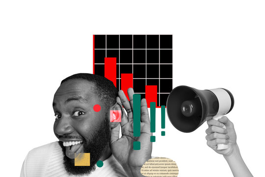 Composite photo collage of happy cunning american man listen gossips megaphone information volume chart isolated on painted background